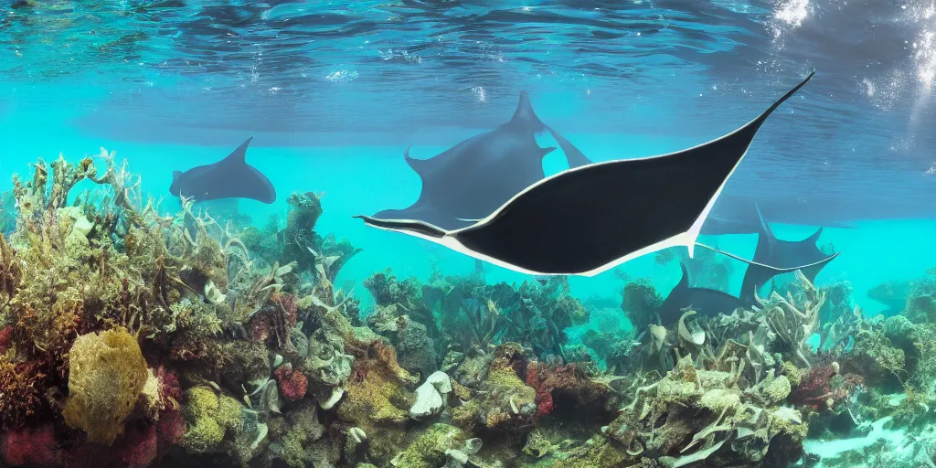 Image similar to hyperrealistic underwater photography, panoramic picture of an ocean floor with in the distance some manta rays. focus on the sharks. the manta rays are anatomically correct and highly detailed. the eyes are intricately detailed. there are lots of bubbles. seaweed and some rocks. gloomy scattered light entering from the water surface, trending on artstation, hq, 4 k