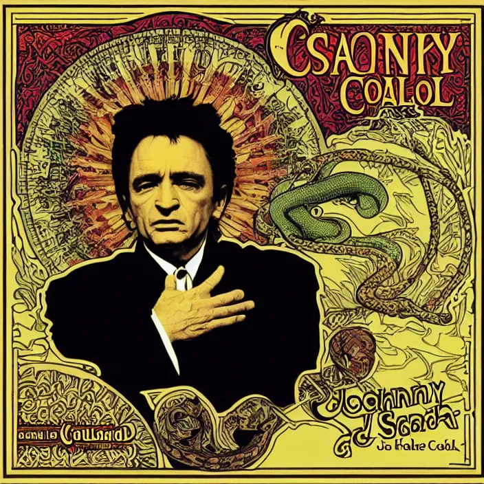 Prompt: album cover for the Johnny Cash and Snake Oil colab record. Snake oil, quackery, folk medicine, scamming, beautiful album cover with no text, album art by Greg Hildebrand and Alphonse Mucha