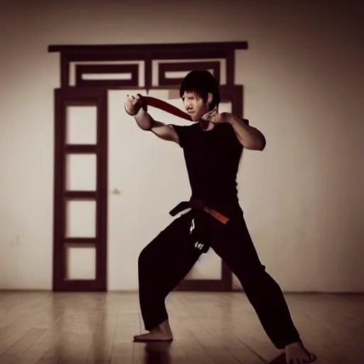 Prompt: a horrifying demon practicing kung fu in a dojo alone at night. Photography, dimly lit, blurry details, eerie