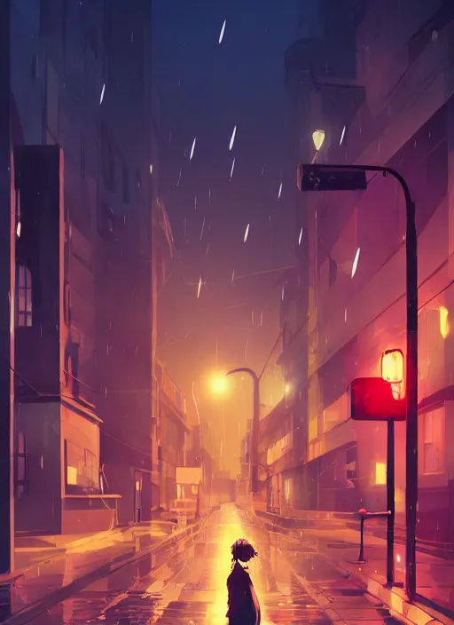 Prompt: listening to music at 2 am, pretty face, rain, lofi, lofi, peaceful, street light, anime key visual, poster, anime, by wlop, high quality