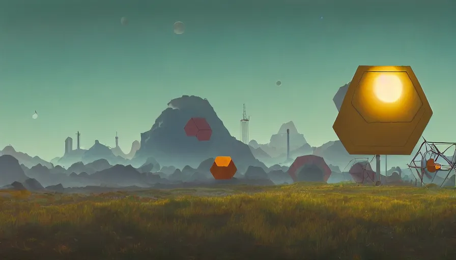 Image similar to hexagon blocking the sun, earth in foreground, simon stalenhag