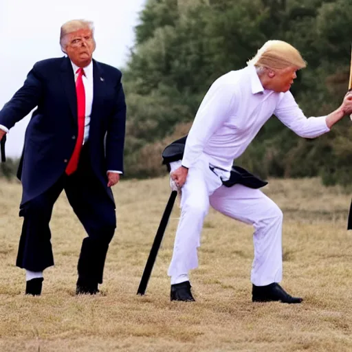 Image similar to donald trump fighting joe biden with samurai swords