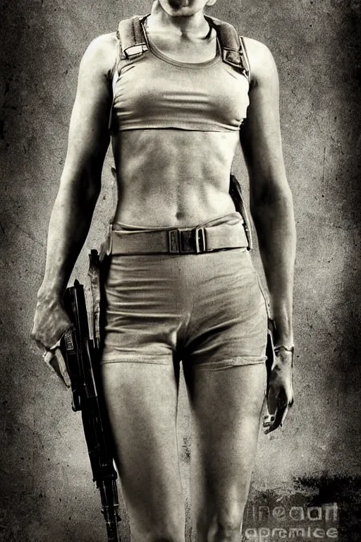 Image similar to lady jaye from g. i. joe, portrait, full body, symmetrical features, silver iodide, 1 8 8 0 photograph, sepia tone, aged paper, sergio leone, master prime lenses, cinematic