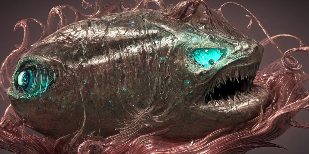 Image similar to angler fish, stylized layered textures, long flowing fins, bioluminescent orbs, 3 d render, substance painter, glowing eye, intricate, highly detailed, lifelike, smooth, sharp focus, art by h r giger