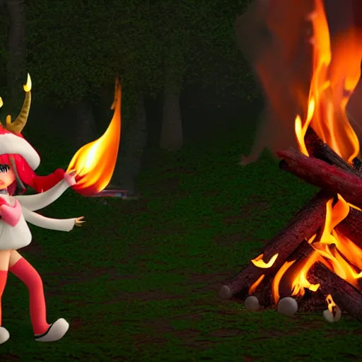 Image similar to cute fumo plush manic happy pyromaniac girl giddily starting a huge bonfire in the forest, horned demon imp girl, stylized pbr anime shader, burning flames, warm glow and volumetric smoke vortices, filmic, rule of thirds composition, vignette, vray