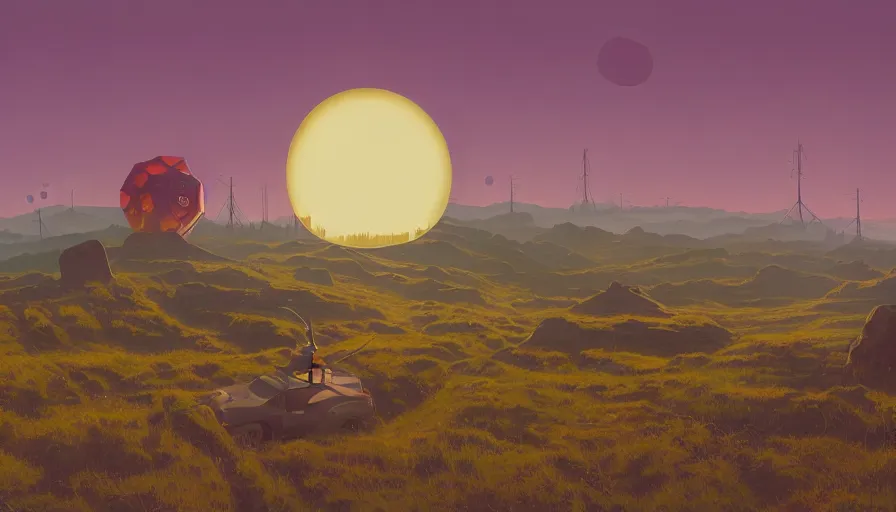 Prompt: hexagon blocking the sun, earth in foreground, simon stalenhag