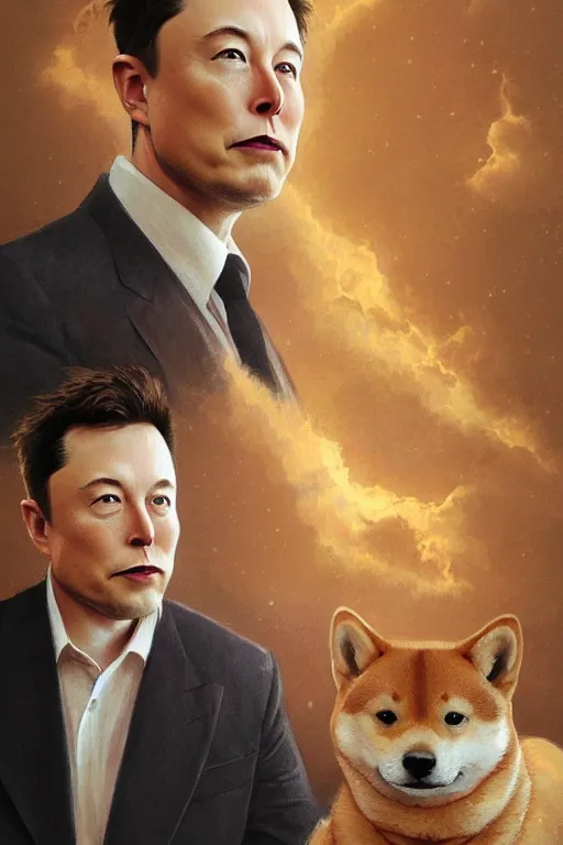 Image similar to photorealistic portrait photograph of elon musk with a shiba inu dog, handsome, depth of field, soft focus, highly detailed, intricate, realistic, national geographic cover, soft glow, textured, artstation, concept art, sharp focus, illustration, art by artgerm and greg rutkowski and alphonse mucha