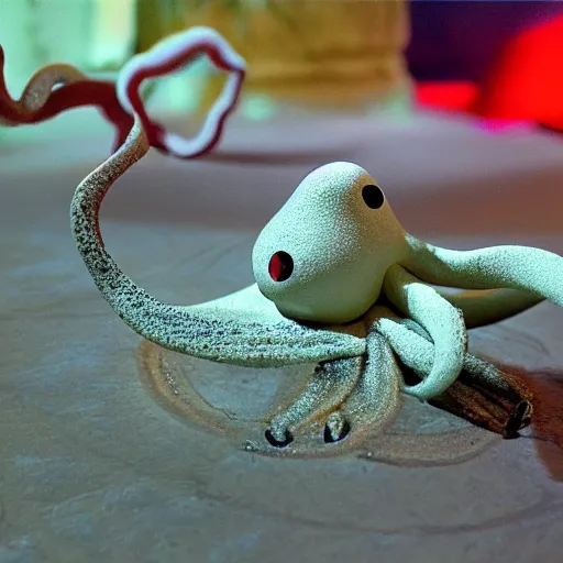 Image similar to claymation animation still of a octopus, beautiful ambient light