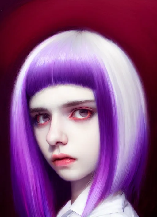 Image similar to hair whitebangs hair, black hair, whitebangs, portrait of teenage girl with white bangs, red irises, purple clothes, white bangs, bangs are different color from hair, intricate, elegant, glowing lights, highly detailed, digital painting, artstation, concept art, smooth, sharp focus, illustration, art by wlop, mars ravelo and greg rutkowski