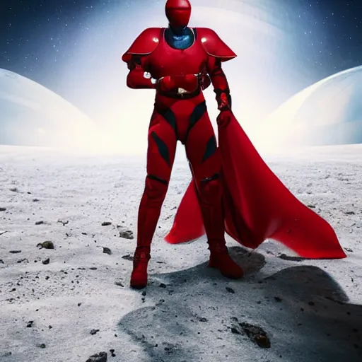 Prompt: portrait of a tall athletic muscular infantry man in glossy sleek white armor with tiny red details and a long red cape, heroic posture, on the surface of mars, night time, dramatic lighting, cinematic, sci-fi, hyperrealistic, movie still