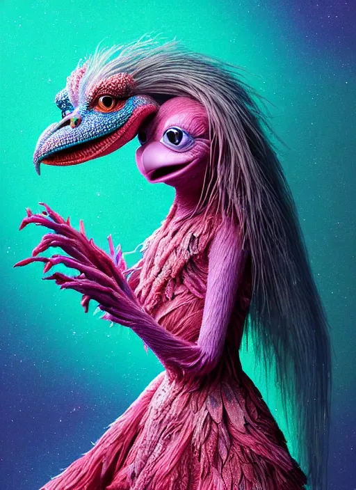 Image similar to hyper detailed 3d render like a Oil painting - kawaii portrait of two Aurora (a beautiful skeksis muppet fae princess protective playful expressive from dark crystal that looks like Anya Taylor-Joy) seen red carpet photoshoot in UVIVF posing in scaly dress to Eat of the Strangling network of yellowcake aerochrome and milky Fruit and His delicate Hands hold of gossamer polyp blossoms bring iridescent fungal flowers whose spores black the foolish stars by Jacek Yerka, Ilya Kuvshinov, Mariusz Lewandowski, Houdini algorithmic generative render, golen ratio, Abstract brush strokes, Masterpiece, Edward Hopper and James Gilleard, Zdzislaw Beksinski, Mark Ryden, Wolfgang Lettl, hints of Yayoi Kasuma and Dr. Seuss, octane render, 8k