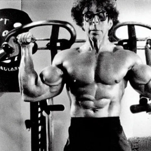 Prompt: Rick Moranis pumping iron in the gym next to Arnold vintage