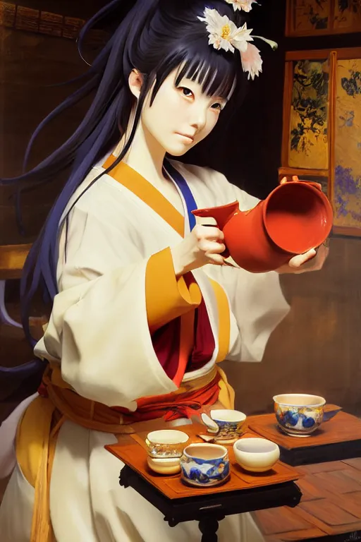 Image similar to baroque oil painting of anime key visual concept art of anime traditional japanese shinto priestess pouring a cup of tea gracefully, sat in seiza position, award winning, trending on artstation, palette knife! and brush strokes, oil on canvas, makoto shinkai greg rutkowski studio ghibli