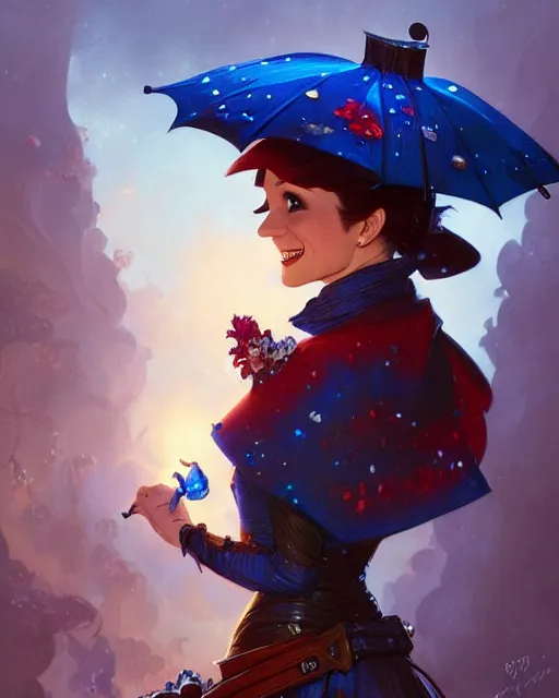 Image similar to Marry Poppins smiling and looking to the side, D&D, fantasy, intricate, elegant, highly detailed, digital painting, artstation, concept art, matte, sharp focus, illustration, hearthstone, art by Artgerm and Greg Rutkowski and Alphonse Mucha