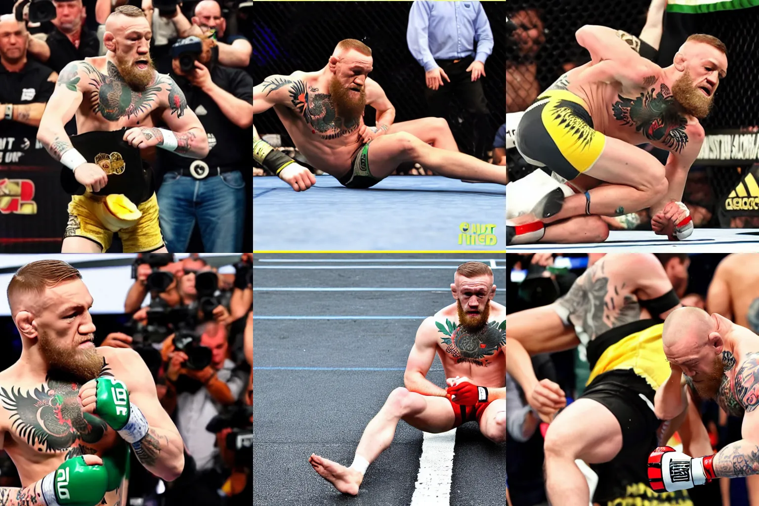Prompt: Conor Mcgregor slipping over a banana peel
