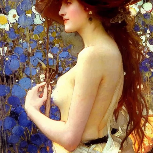 Prompt: photo of a beautiful woman by gil elvgen, greg manchess, mucha, sorrolla, john singer sargent, william waterhouse