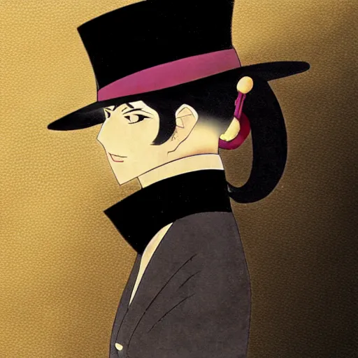 Prompt: an anime character with long black hair and a top hat, a character portrait by toyohara chikanobu, pixiv contest winner, neo - romanticism, booru, sabattier filter, official art