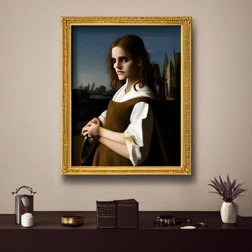 Prompt: Painting of Emma Watson as Hermione Granger. Art by Vermeer. During golden hour. Extremely detailed. Beautiful. 4K. Award winning.