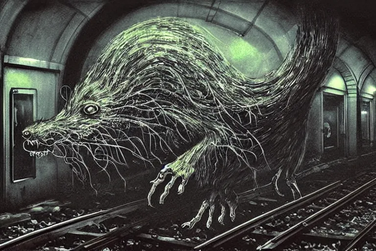 Image similar to very large giant mutant zombie irradiated angry rat sraying on railways in tonnel of moscow subway. extreme high detail, very realistic. low dark light, scary mood. giger and hermann nitsch