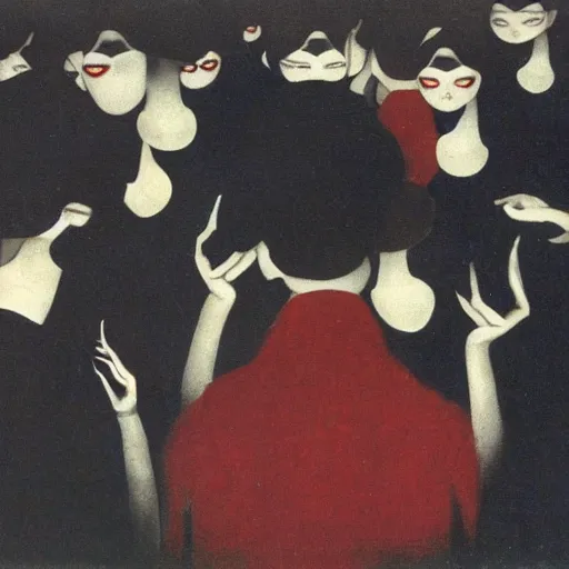 Image similar to a tiny dark black night club with a few red chinese lanterns, people's silhouettes close up, people dancing, surrealism, by romaine brooks