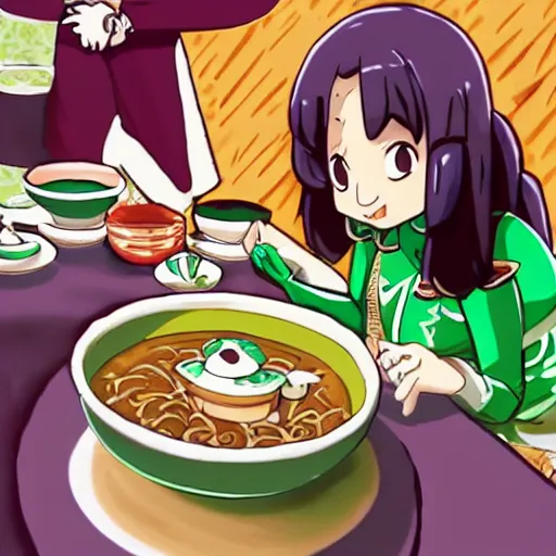 Prompt: tsuyu asui drinking pozole