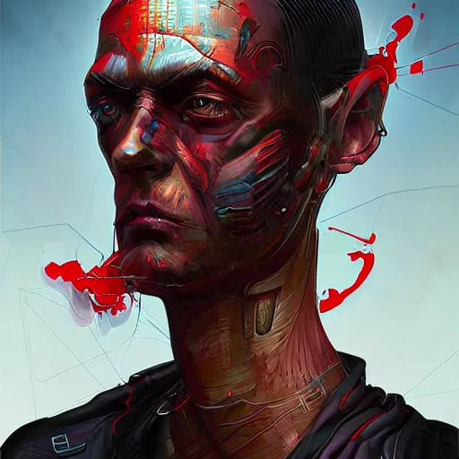 Prompt: a digital painting of a man with red eyes, cyberpunk art by android jones, zbrush central contest winner, afrofuturism, dystopian art, detailed painting, parallax