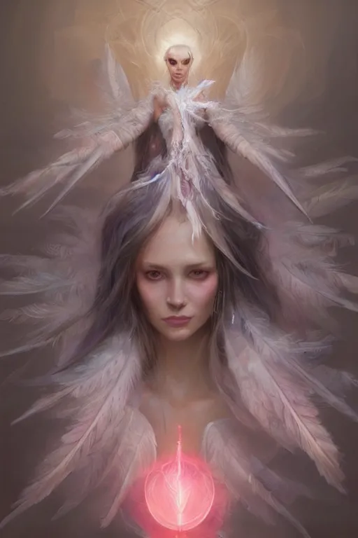 Image similar to beautiful model wearing crystal white feathers, pink magic, vortex, angel, fantasy, dramatic lighting, highly detailed, digital painting, holding electricity, magic the gathering, 3 d render, hyper realistic detailed portrait, peter mohrbacher, wlop, ruan jia