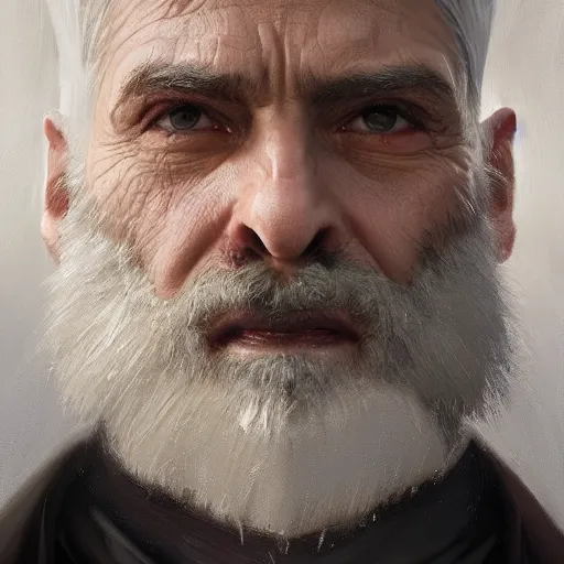 Image similar to An oil painting of a man dressed in priest robes, 50 years old, short grey hair, trimmed beard, sharp facial features, beautiful, highly detailed, by Cédric Peyravernay, by greg rudkowski, trending on artstation