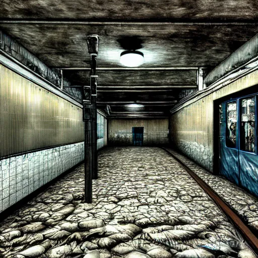 Prompt: a Painting of a secret abandoned subway station, in the style of HR. Giger, dark, surreal, creepy