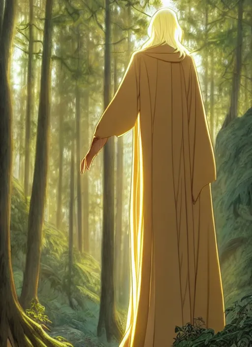 Image similar to slender young man with shoulder length shiny and sparkling golden blond hair, from behind, wearing a travelling cloak, lost in a forest, natural lighting, path traced, highly detailed, high quality, digital painting, by don bluth and ross tran and studio ghibli and alphonse mucha, artgerm