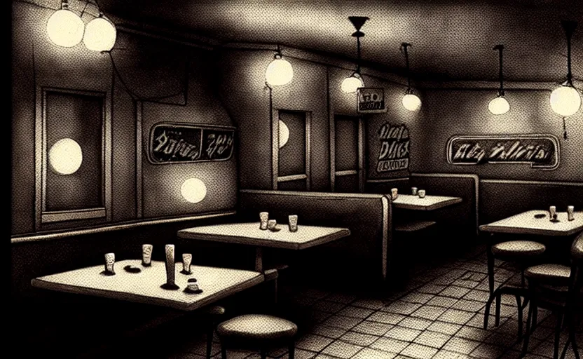 Prompt: diner, horror scene, dim lighting, eerie atmosphere, 1950-s, intricate, detailed, photorealistic imagery, artstation