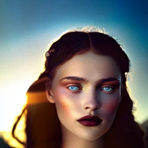 Image similar to photographic portrait of a stunningly beautiful renaissance female, white lips and dark eye shadow, in soft dreamy light at sunset, god rays, contemporary fashion shoot, by edward robert hughes, annie leibovitz and steve mccurry, david lazar, jimmy nelsson, breathtaking, 8 k resolution, extremely detailed, establishing shot, artistic, hyperrealistic, perfect face, octane render