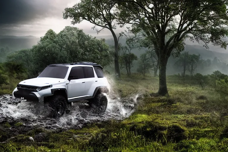 Prompt: a commercial advertisement for a new 4 x 4 concept off road car, driving through a vast serene landscape across rivers and hills, the sun rises in the distance and rain falls in the foreground, light cracking through the clouds onto the treetops, ultra realistic, high definition