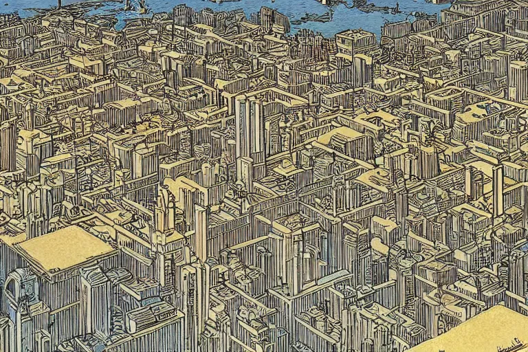 Image similar to a city populated by lemons by moebius