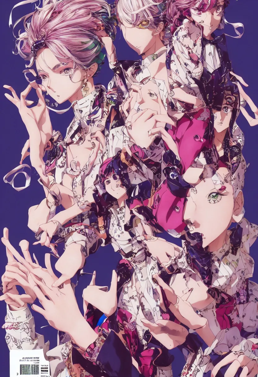 Image similar to Magazine Cover Anime key visual of a Gucci girl; official media; typography; drawn by Hirohiko Araki; Jojo's Bizarre Adventure; Jojolion, portrait, made by Stanley Artgerm Lau, WLOP, Rossdraws, James Jean, Andrei Riabovitchev, Marc Simonetti, Yoshitaka Amano, ArtStation