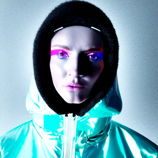 Prompt: an ultra high definition professional studio quality photograph of an artificially intelligent celebrity cyberpunk pop star wearing a transparent iridescent pastel coloured face visor and matching raincoat on white coat hook in a sheer icelandic black rock environment. dramatic lighting. volumetric shadows. light rays
