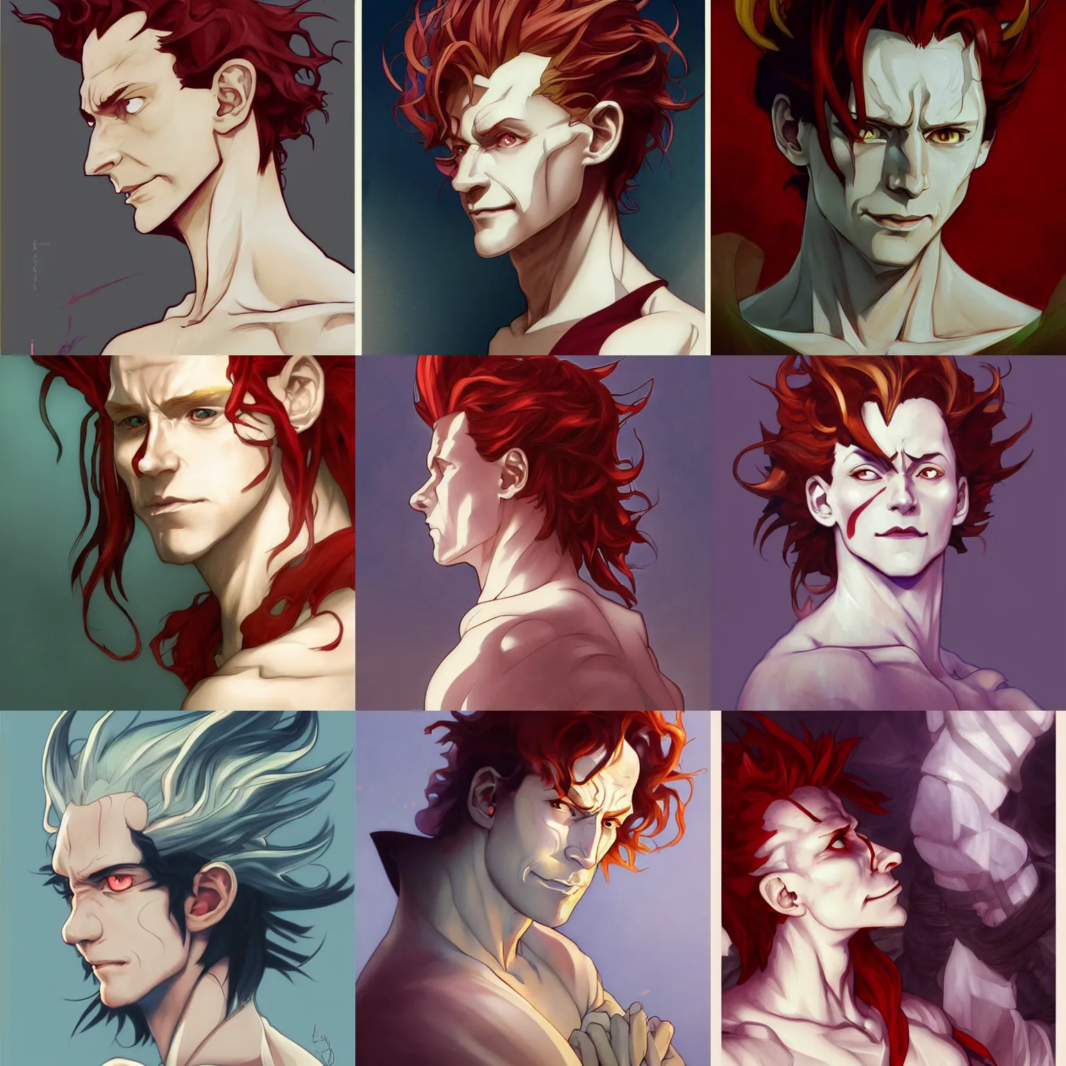 Prompt: hisoka, tom hiddleston, cel - shaded animesque art by artgerm and greg rutkowski and alphonse mucha, smooth white skin, smirking face, reddish hair, d & d, fantasy, portrait, highly detailed, side profile, digital painting, trending on artstation, concept art, sharp focus, illustration