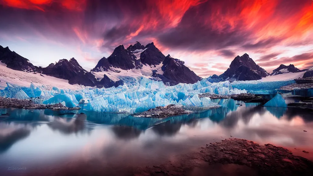 Prompt: amazing landscape photo of a glacier in sunset by marc adamus, beautiful dramatic lighting