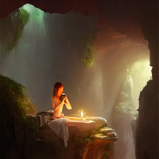 Image similar to cozy, hotspring hidden in a cave, candlelight, towels, cushions, natural light, roses, lush plants and flowers, elegant, smooth cave rock, fantasy, atmospheric lighting, digital painting, Greg Rutkowski concept art