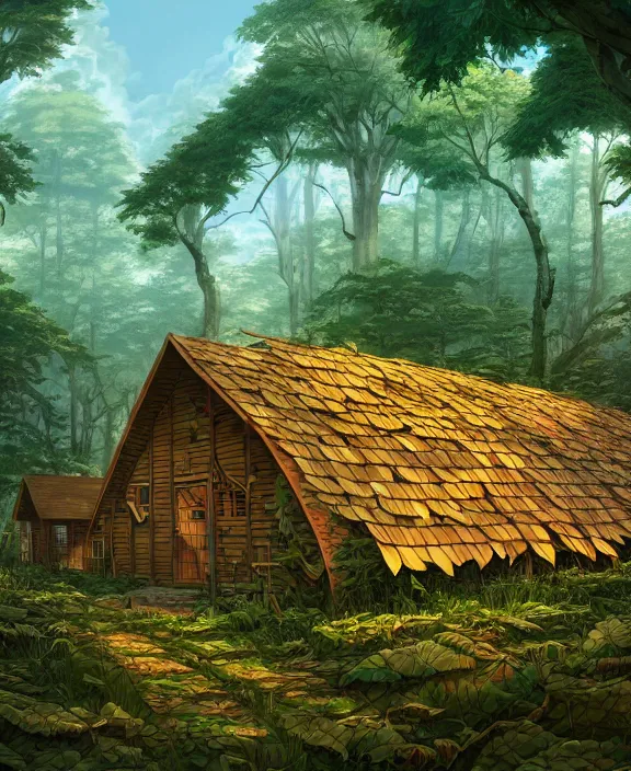 Image similar to a large schoolhouse made from leaves, overgrown with huge exotic fungus, deep in the woods, noon, sun drenched, partly cloudy, by dan mumford, yusuke murata, makoto shinkai, ross tran, cinematic, unreal engine, cel shaded, featured on artstation, pixiv