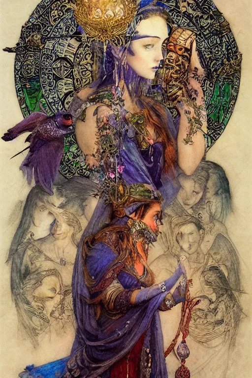 Prompt: queen of the dawn with her lantern and birds, by Luis Royo Annie Swynnerton and Nicholas Roerich Edmund Dulac, tattooed face, elaborate headdress and embroidered velvet, iridescent beetles, rich color, dramatic cinematic lighting, extremely detailed