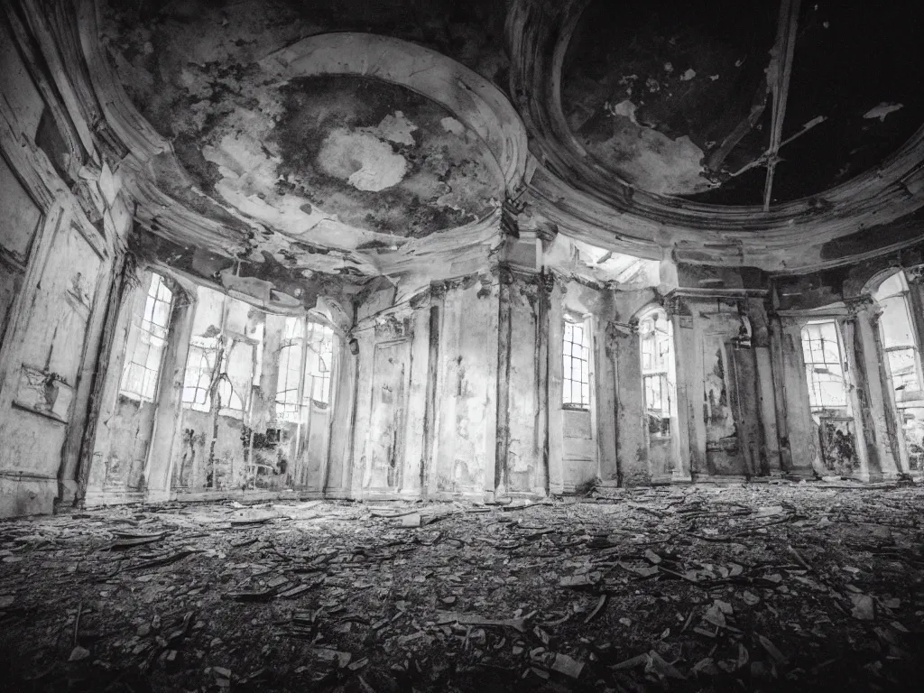 Image similar to photography of inside of an abandoned old opera fitlh and grim apex, creepy, dark atmosphere, ray of sun from the rooftop, wide angle, 1 6 mm lens fujifilm, grainy film