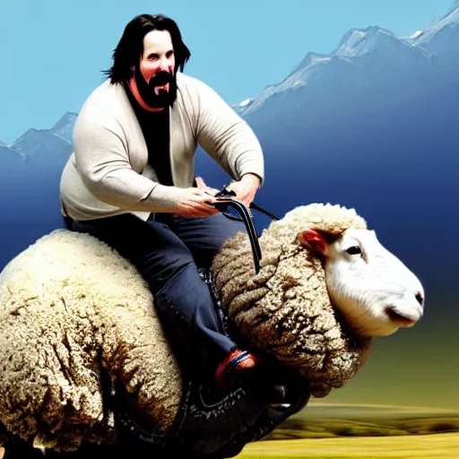 Image similar to morbidly obese keanu reeves riding a sheep, photo, detailed, 4 k