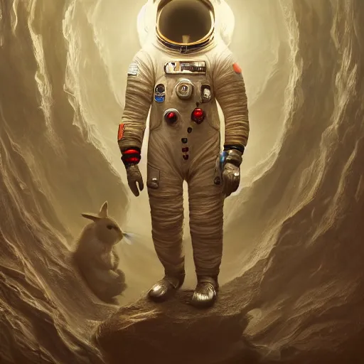 Image similar to an epic portrait of an astronaut entering the rabbit hole of wonderland, cinematic lighting, trending on Artstation, highly detailed, insane details