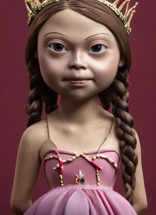 Prompt: closeup face profile portrait of tin toy greta thunberg as a fairytale princess wearing a crown eating cakes, bikini, depth of field, zeiss lens, detailed, symmetrical, centered, fashion photoshoot, by nicoletta ceccoli, mark ryden, lostfish, breathtaking, 8 k resolution, extremely detailed, beautiful, establishing shot, artistic, hyperrealistic, octane render