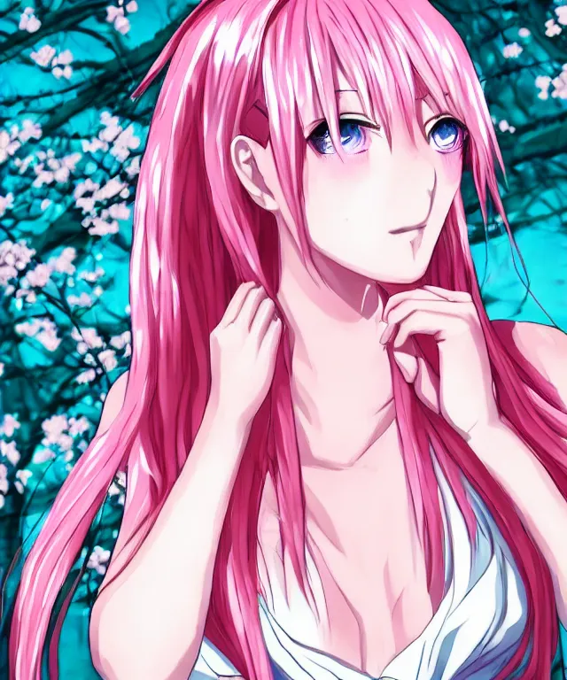 Prompt: detailed portrait of an anime girl with pink hair pink flames, perfectly shaded, delicate features, cherry blossoms, neo tokyo, perfectly symmetrical