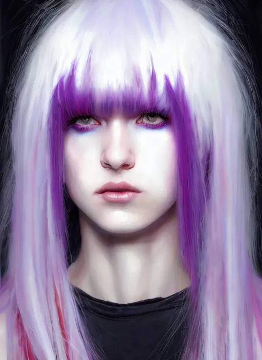 Image similar to hair whitebangs hair, black cyberlox, portrait of normal teenage girl, white bangs, messy bangs, fluffy bangs, cyberlox, whitebangs, red irises, purple background, intricate, elegant, highly detailed, digital painting, artstation, concept art, sharp focus, smooth, illustration, art by wlop, mars ravelo and greg rutkowski