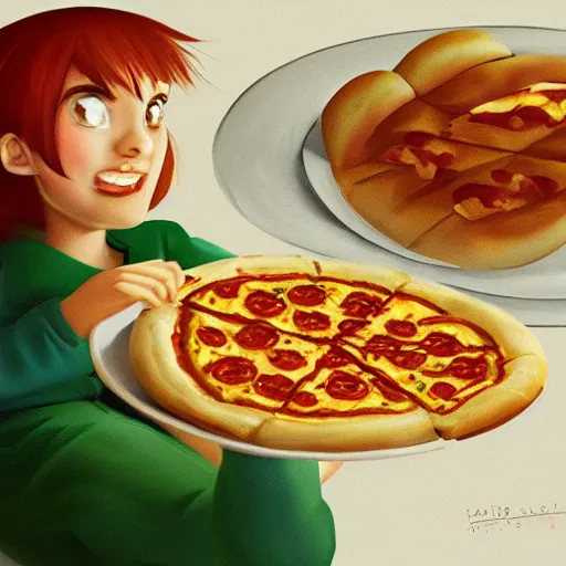 Prompt: buttercup eating pizza, digital painting, artstation, concept art, smooth, sharp foccus ilustration, artstation hq
