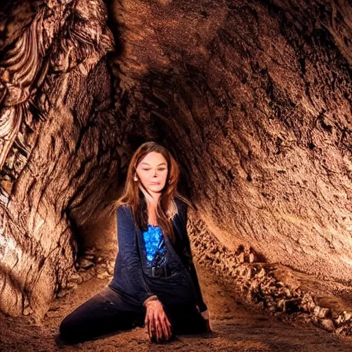 Prompt: stunning photo of the most beautiful woman in the world in a brightly lit underground cave