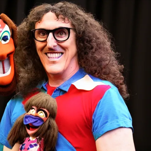 Prompt: weird al with a ventriloquist puppet of barney the dinosaur